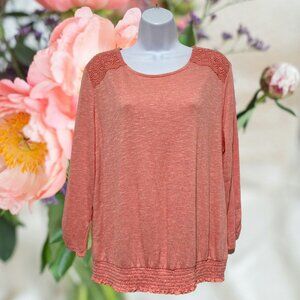 Apt. 9-Women's XL Pullover Top Peach Long Sleeve Floral Shoulder Light Weight